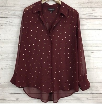 Lane Bryant Burgundy/Gold Star Collared Sheer Button-Up Shirt Sz 14/16