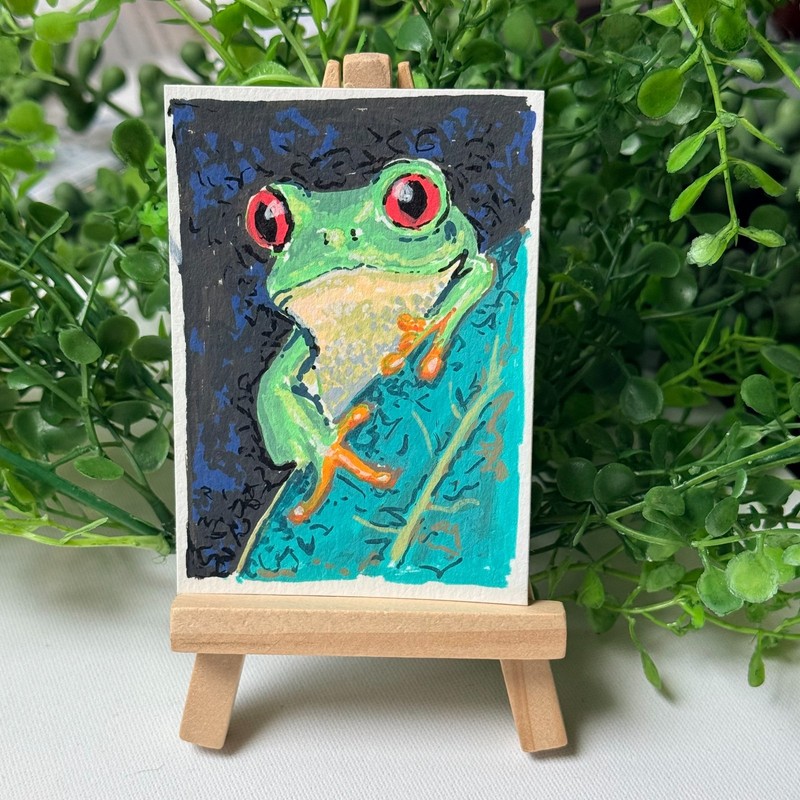ACEO Original Art Frog tree frog on leaf  by Jill/ Tulip and Topaz