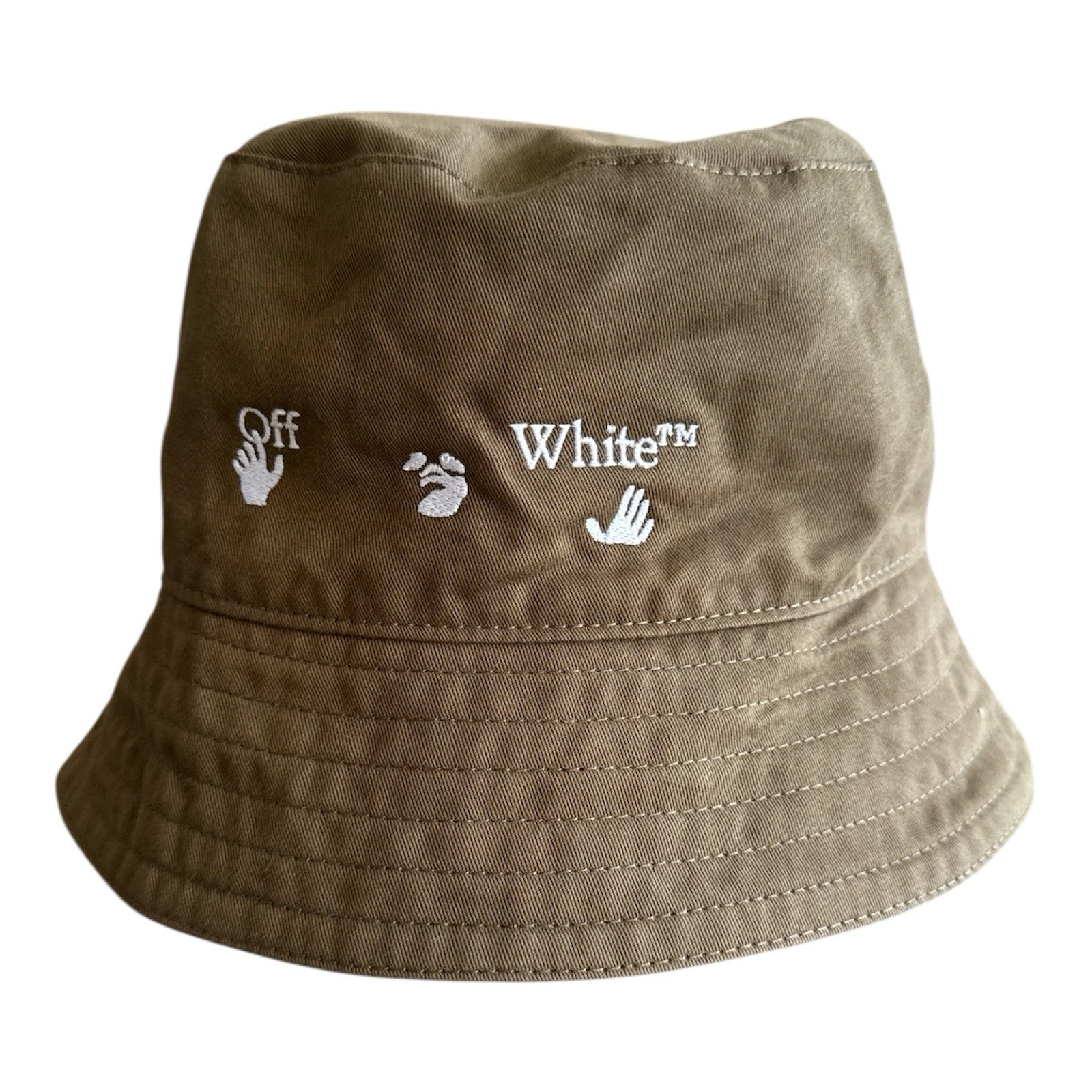 OFF-WHITE Bucket Hat Khaki Green Paperclip Logo Spellout Zip Cotton Size Large