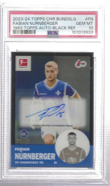 Fabian Nurnberger 2023 Topps Chrome Black Refractor Auto RC #D 8/10 PSA 10 POP 1