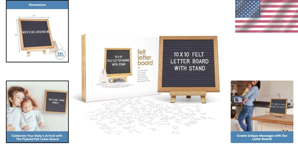 Felt Letter Board 10x10 Inch Gray Sign with 340 Letters Stand Wall Mount - Image 2 of 4