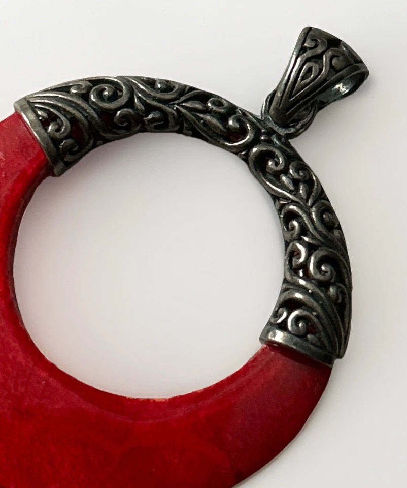 Colgante Disco Coral Rojo Plata Esterlina Hecho a Mano Estilo Bali Tailandés Rollo Foto 3 de 4