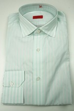 Isaia Aqua Blue Mint Striped Long Sleeve Cotton Dress Shirt 15.5/39 NEW