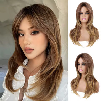 Ombre blonde Synthetik lange gerade Perücken mit Pony für Frauen Lagenlook Natur
