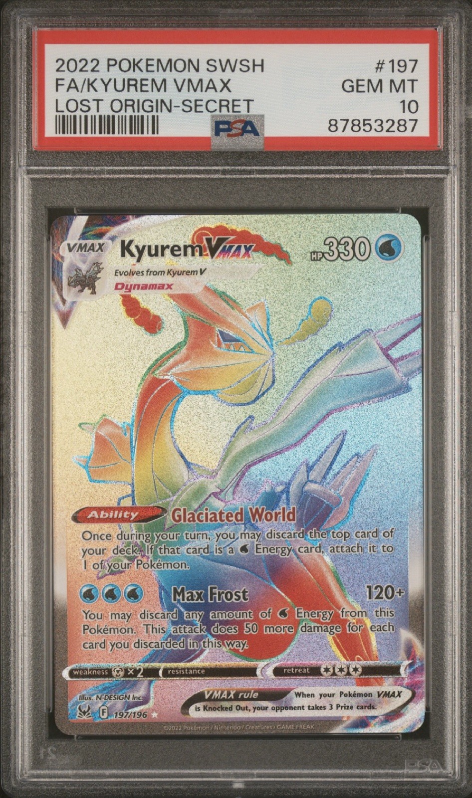 2022 POKEMON SWORD & SHIELD LOST ORIGIN SECRET #197 FULL ART/KYUREM VMAX PSA 10