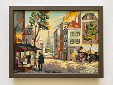 RARE 1950'S PAINT BY NUMBER " PARIS STREET SCENE " CUSTOM FRAMED MCM PAINTING