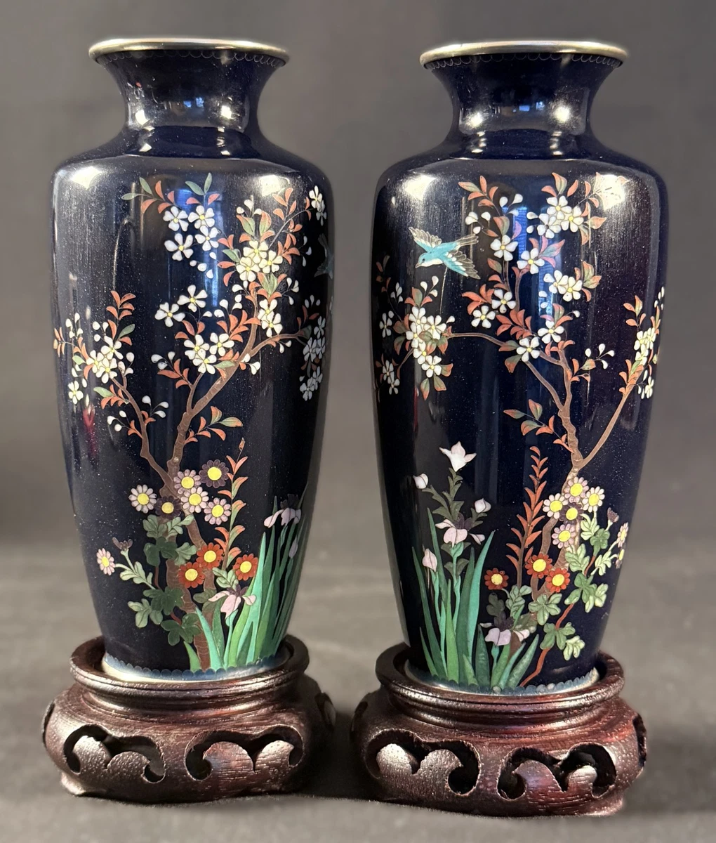 蓝色景泰蓝日本古董花瓶| eBay