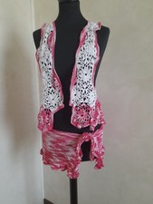 Completo Tricot mare uncinetto fatto a mano top gilet gonnellina copricostume...