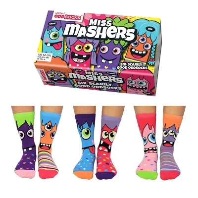 United Oddsocks Miss Mashers Mismatched Set Of 6 Girls UK 12-5.5 Odd Socks Gift
