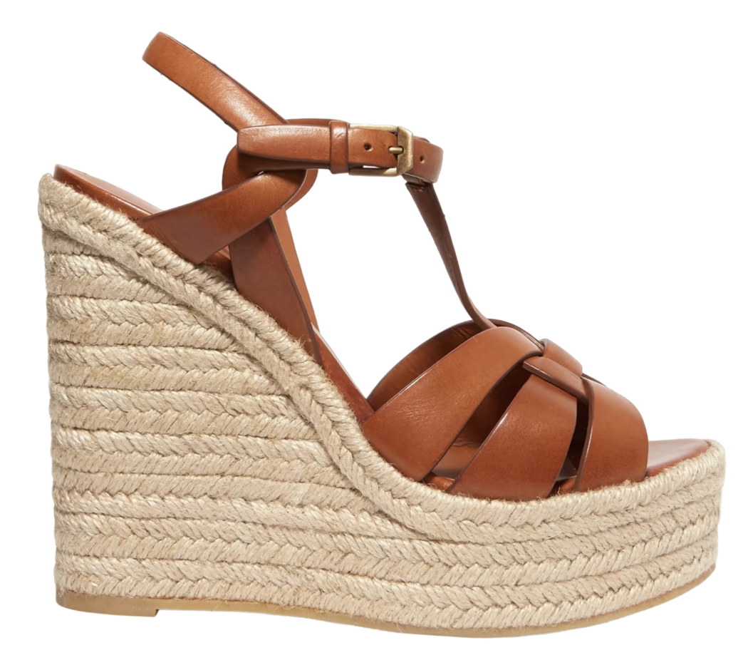 Sandalo Saint Laurent Tribute Espadrille 85 marrone cinturino alla caviglia plateau zeppa 40 5