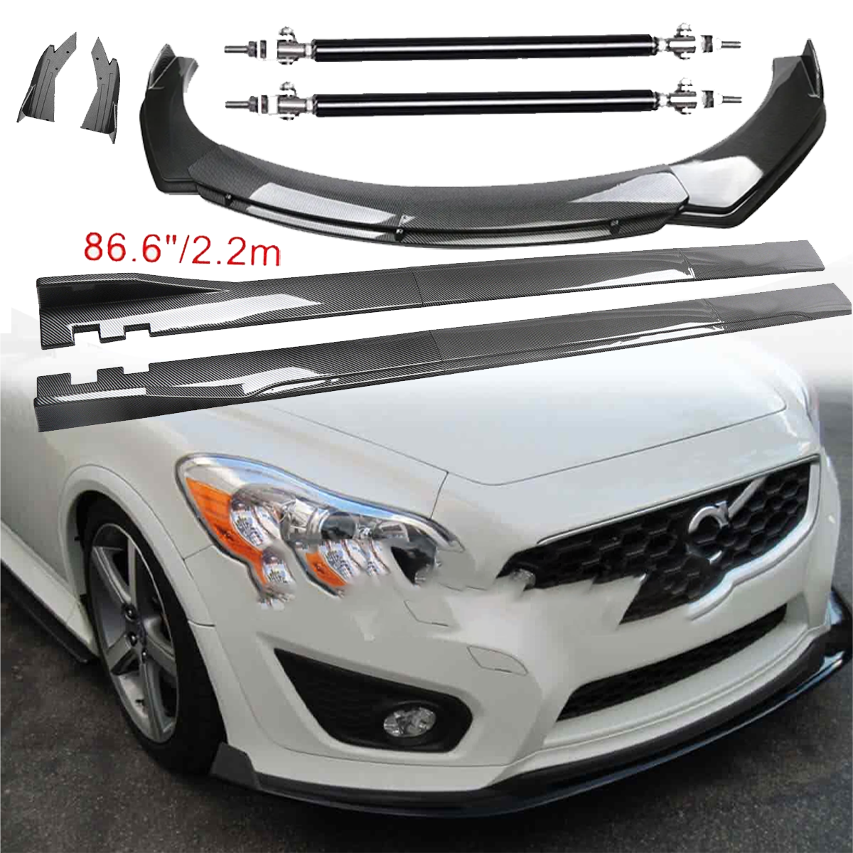 Carbon Fiber Front Bumper Lip Spoiler 86.6in Side Skirt Kit For Volvo C30 C40 C