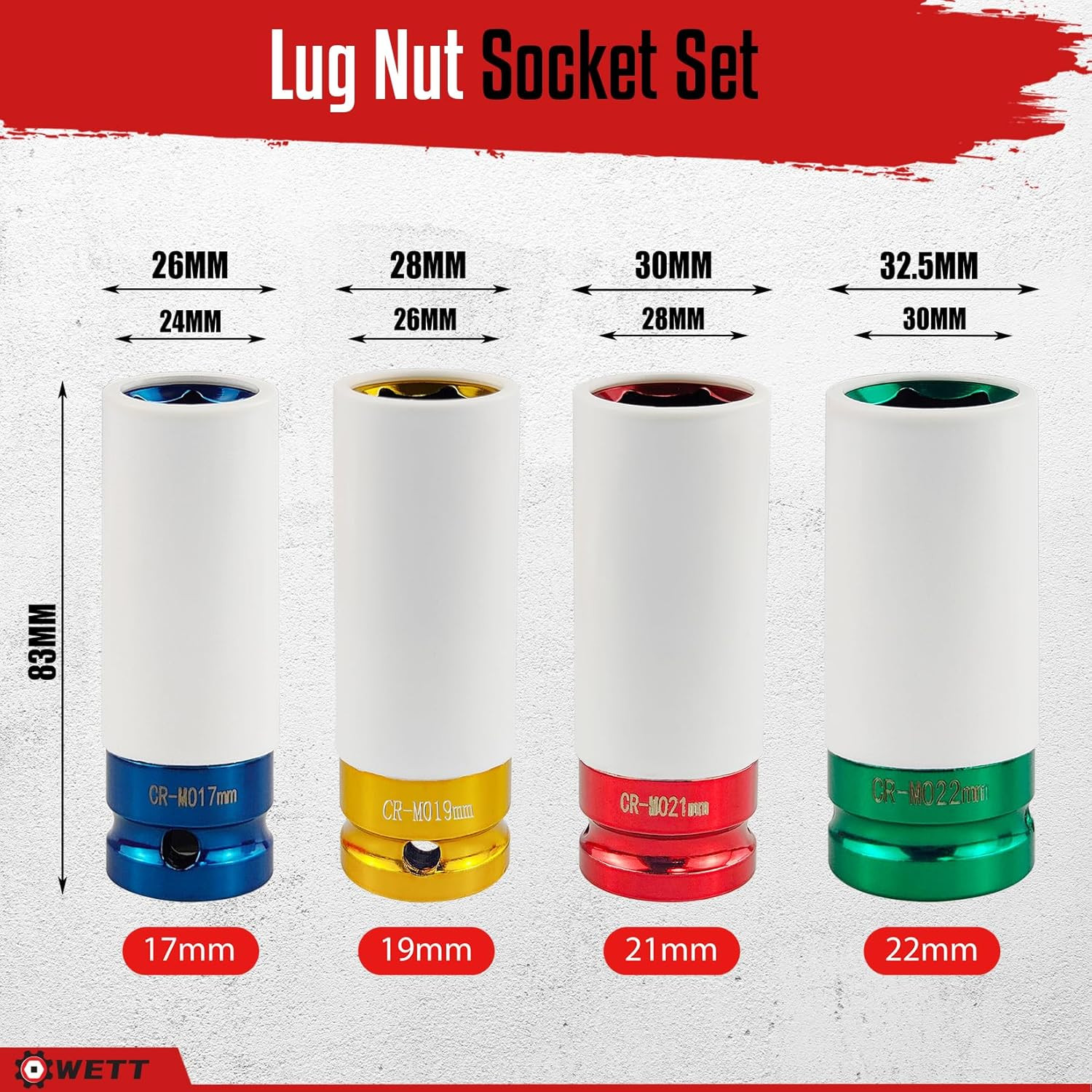 4Pcs 1/2 Inch Lug Nut Socket Set, Wheel Protector Thin Wall Deep Impact Socket, 