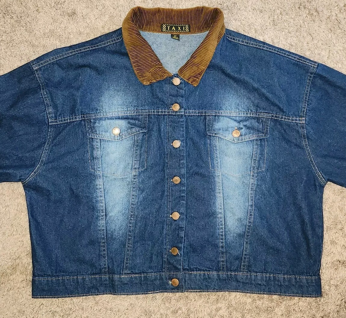 Taxi Womens Denim Jacket 2XL Jean Style Moto Metal Buttons Corduroy Collar