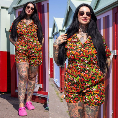 RUN AND FLY Playsuit rot Panda Print 8-26 Stretch Retro Alt Shorts Overall süß