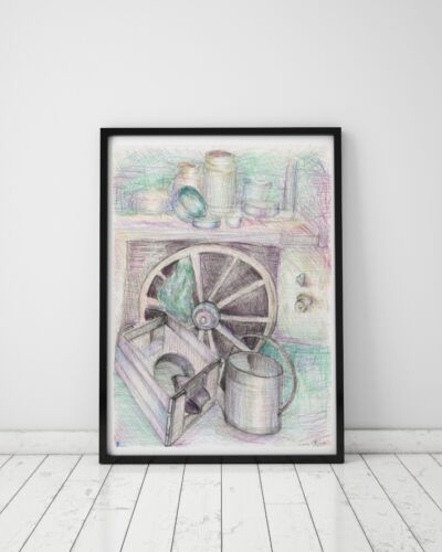 Original Drawing Still Life with a Wooden Wheel by MK Anisko Pamela Rys artwork - Picture 1 of 3