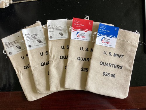 LOT 5 PCS EMPTY U.S. MINT $25 QUARTERS COTTON CANVAS 5 BAGS NO COINS ** EMPTY **