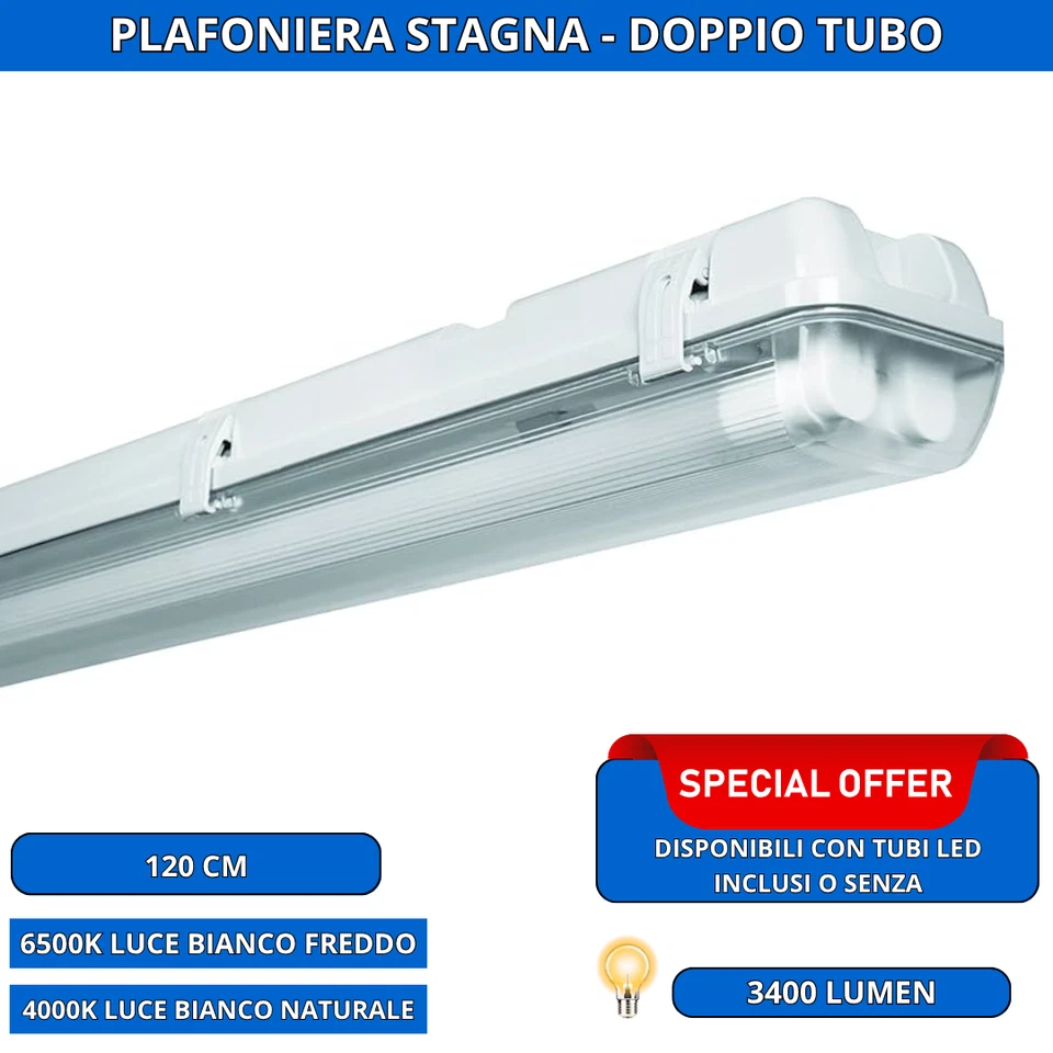 PLAFONIERA STAGNA LED COMPLETA DI NEON TUBO T8 60-120-150 CM 220V SOFFITTO IP65 - Immagine 3 di 4