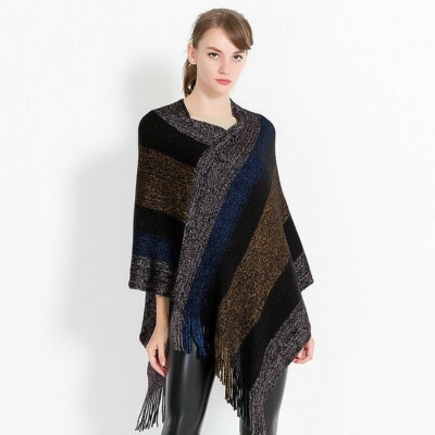 Damen Schal Poncho Strickpullover gestreift Pullover Schal mit Fransen Herbst
