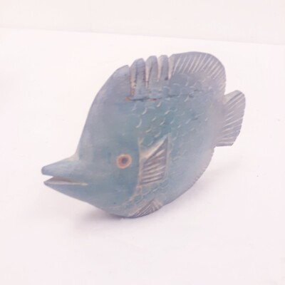 Hand Carved Wood Painted blue Fish Figurine Art APM CO Limited Bangkok 6'' Decor