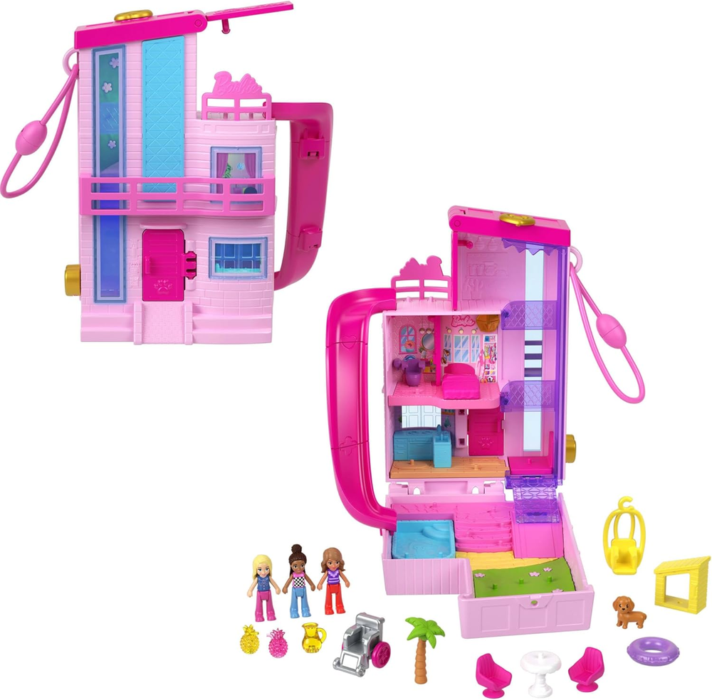 Barbie Polly Pocket Dreamhouse Compact Dollhouse Playset 3 Doll & 11 Accessorie