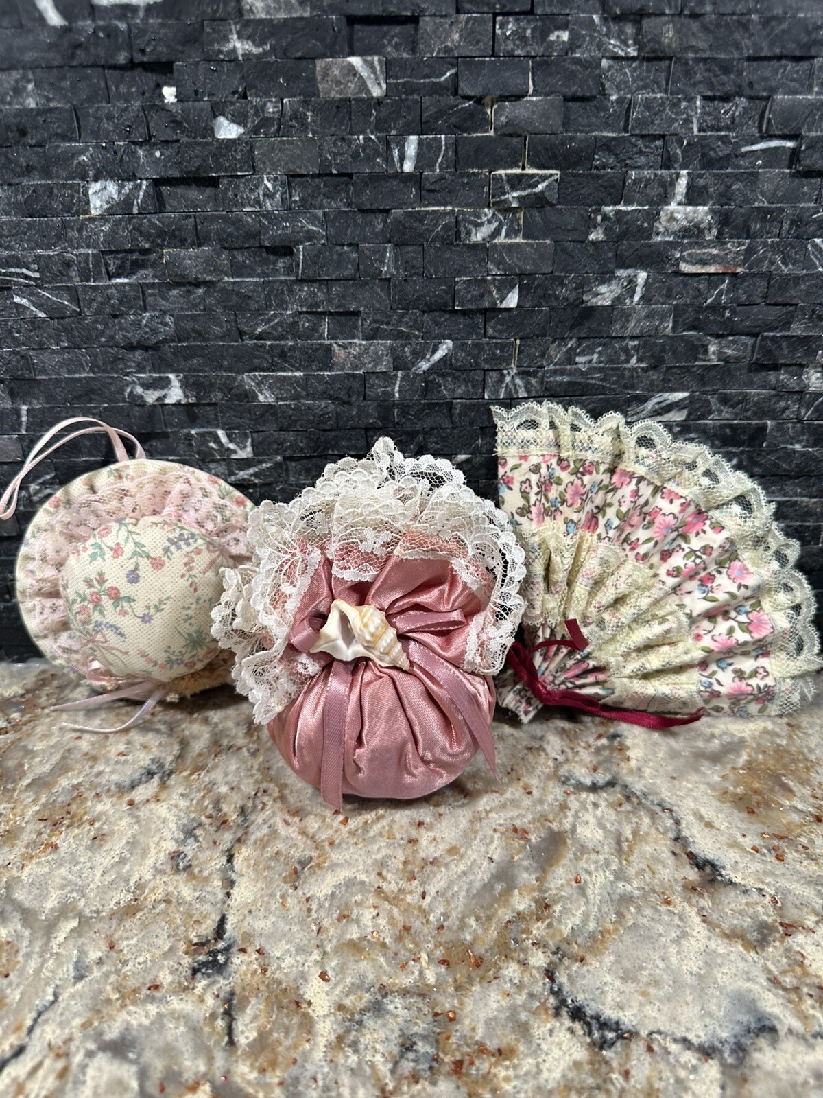 Vintage Victorian Floral Fabric Ornaments Pin Cushion Hat Fan Sachet Decoration
