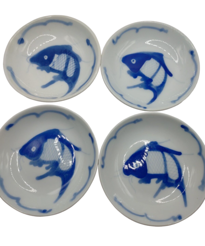 4 bols en porcelaine sauce soja soja chinoise poisson koi cobalt bleu et blanc 3,5" - Photo 1 sur 7