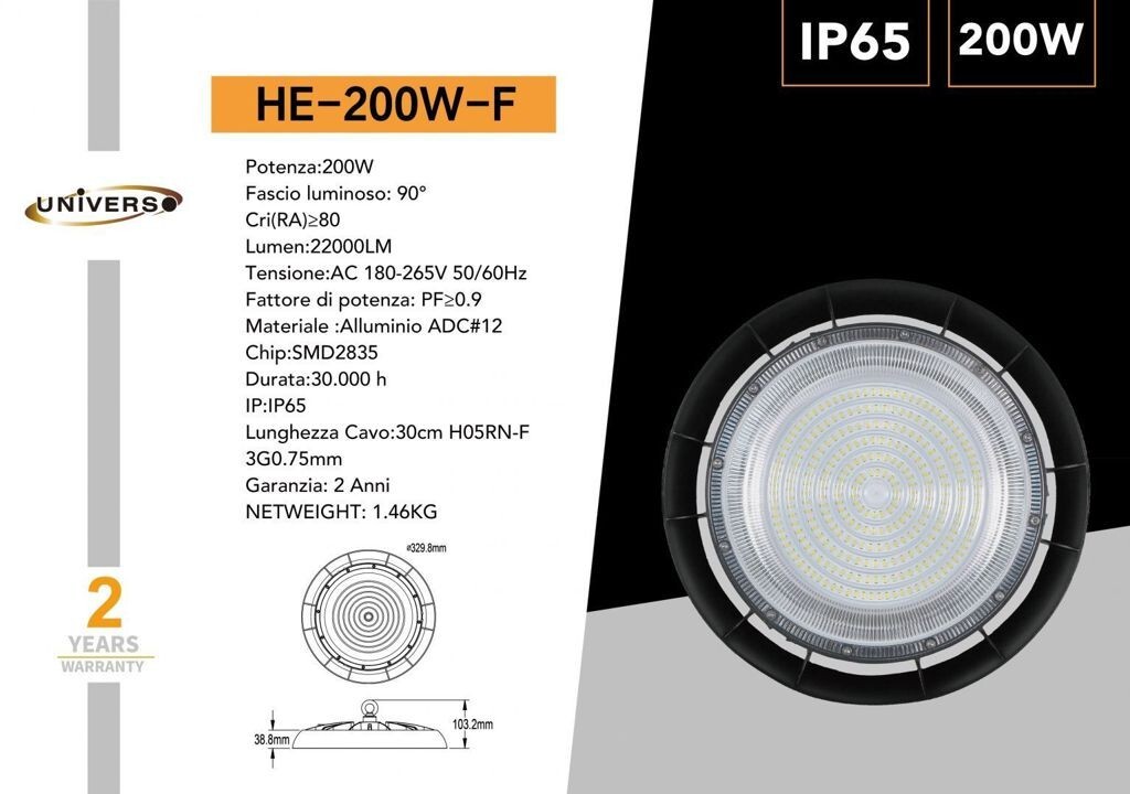 Faretto LED Industriale 200W UNIVERSO HE-200W-F IP65 22000LM Alta Efficienza