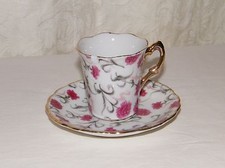 Vintage Mini Tea Cup & Saucer JAN Japan Pink Flowers Floral Pattern - Gold Trim