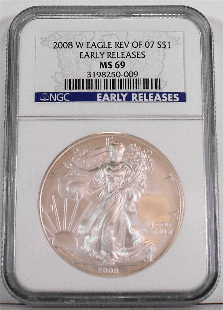 2008-W Reverse Of 2007-W $1 1 oz Burnished Silver Eagle NGC MS 69