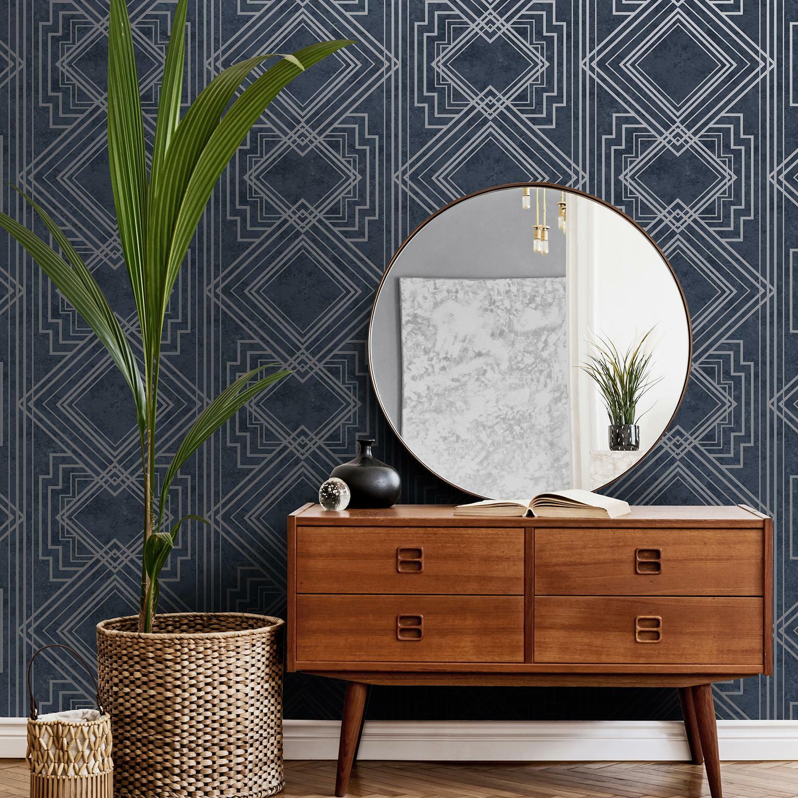 Holden Delano Geometric Textured Metallic Wallpaper Navy Blue