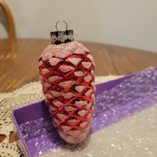 Vintage Blown Glass Red PINECONE Glittered Christmas Ornaments