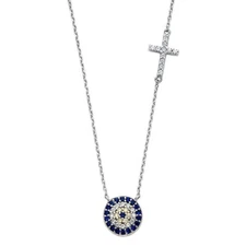 14K White Gold Cubic Zirconia CZ Evil Eye Cross Necklace - 17+1"