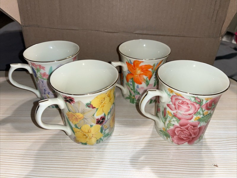 4 Lenox Flower Blossom Mug Collection Suzanne Clee Tea Coffee 8oz Mugs 1995 MINT