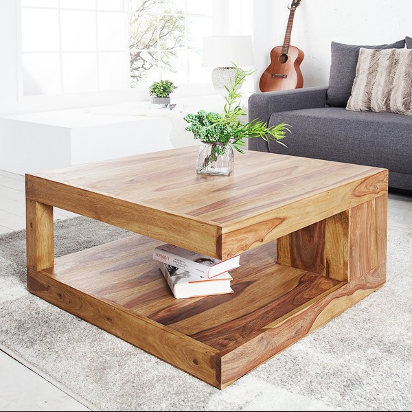 Design Couchtisch Giant 80Cm Natur Sheesham Massivholz Stone Finish Mit Ablage-image