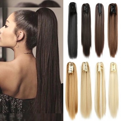 Women 24Inch Long Straight Synthetic Claw On Ponytail Hair Extensions Hairpiece