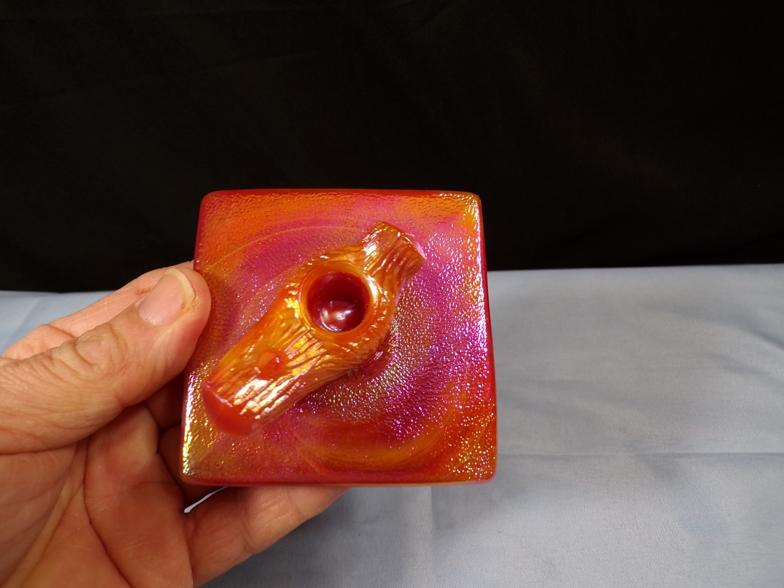 Westmoreland Summit Orange Carnival Slag Glass Bird Butterfly Branch Base GLOWS