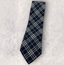 BURBERRY Silk Tie ITALY Navy Blue Tartan W:3.8" EUC