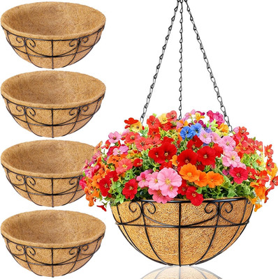 4 Pack 10 Inch Hanging Baskets for Plants Outdoor - Metal Hanging Planters for O
