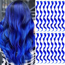 12 PCS Blue Hair Extensions Clip In, Curly Wavy Colored Extension 12Pcs-Blue
