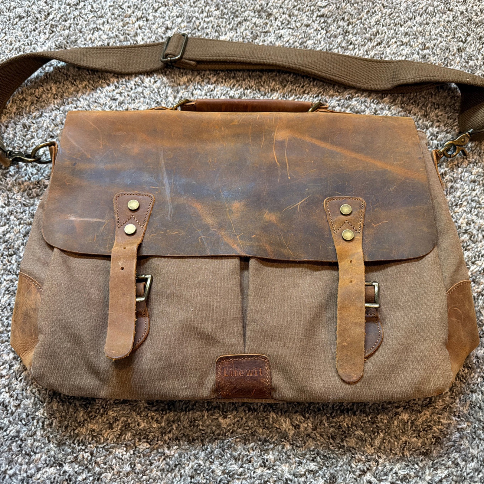 Lifewit Brown Messenger Bag Cowhide Leather Canvas Large Lap