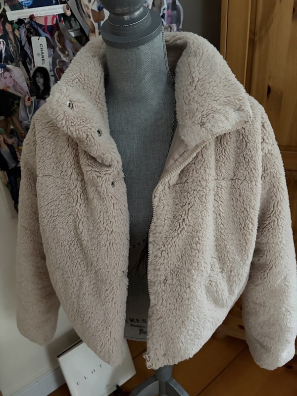 Womens Beige Ivory Blonde Thick Heavy Teddy Sherpa Zip Jacket Coat S NWOT