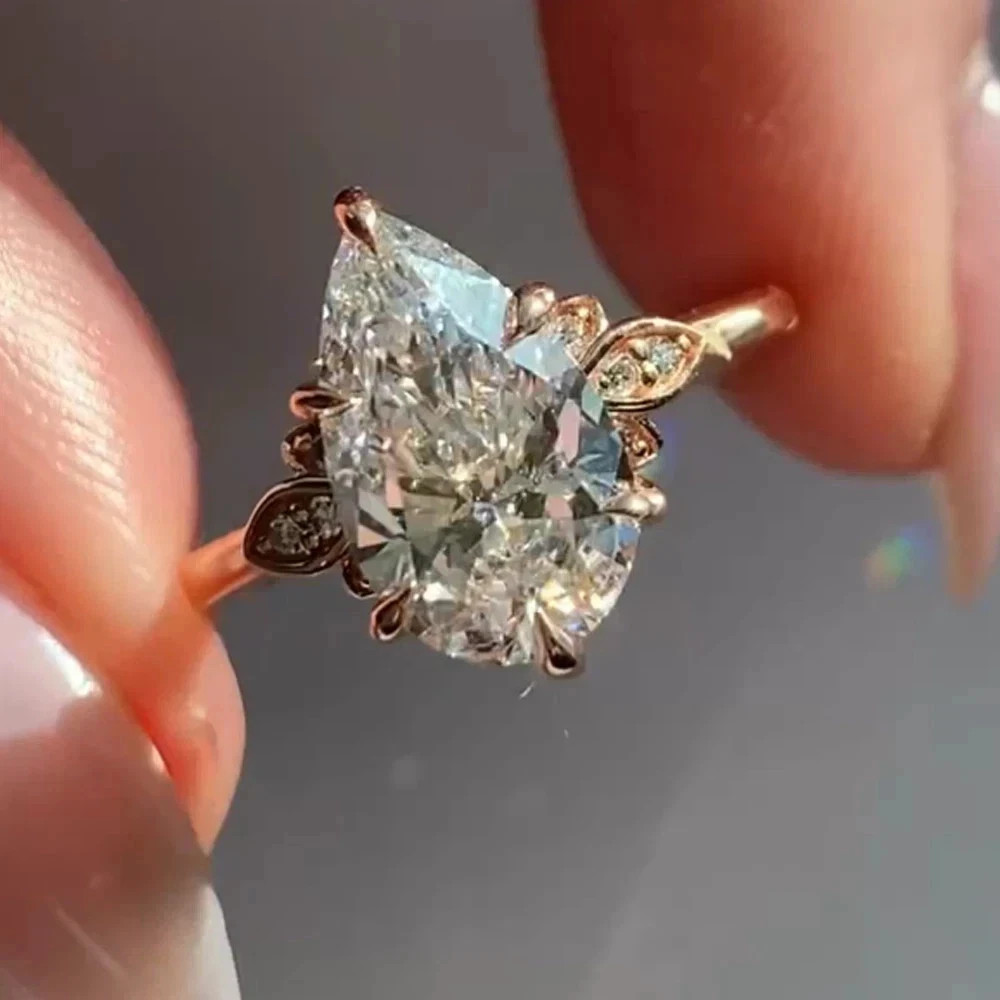 3CT Pear-Cut Moissanite Solitaire Engagement Ring 14K Yellow Gold Plated
