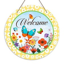 Welcome Door Sign, Spring Flowers and Butterflies Spring Decor Wooden Sign