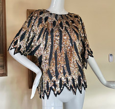 Vintage 1980s Glam Black  Silver Beaded Sequin Disco Fairy Top 100 Silk M/L