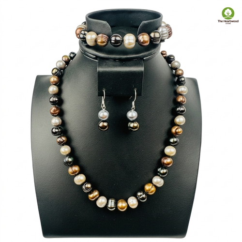 Collana di perle d'acqua dolce barocche bronzo argento blu scuro chiusura magnetica - Foto 1 di 5