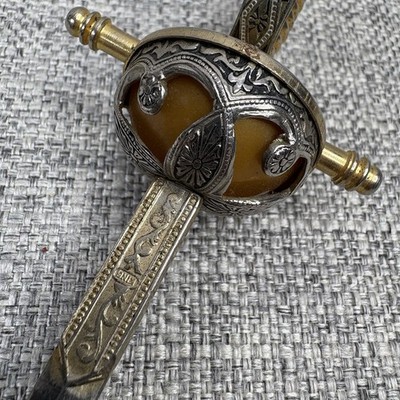 Vintage King Gold Rapier Sword Letter Opener Filigree Guard Amber Resin Detail