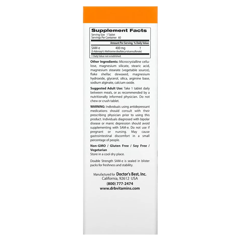 2 X Doctor's Best, SAM-e, Doble Fuerza, 400 mg, 60 Comprimidos Recubiertos Entéricos Foto 2 de 2