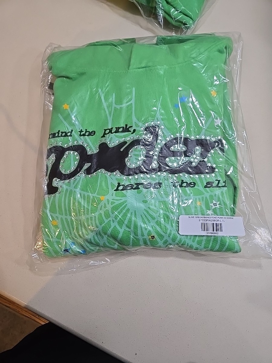 Size Large- Sp5der Slime Green Rhinestone Punk V2 Hoodie 2025