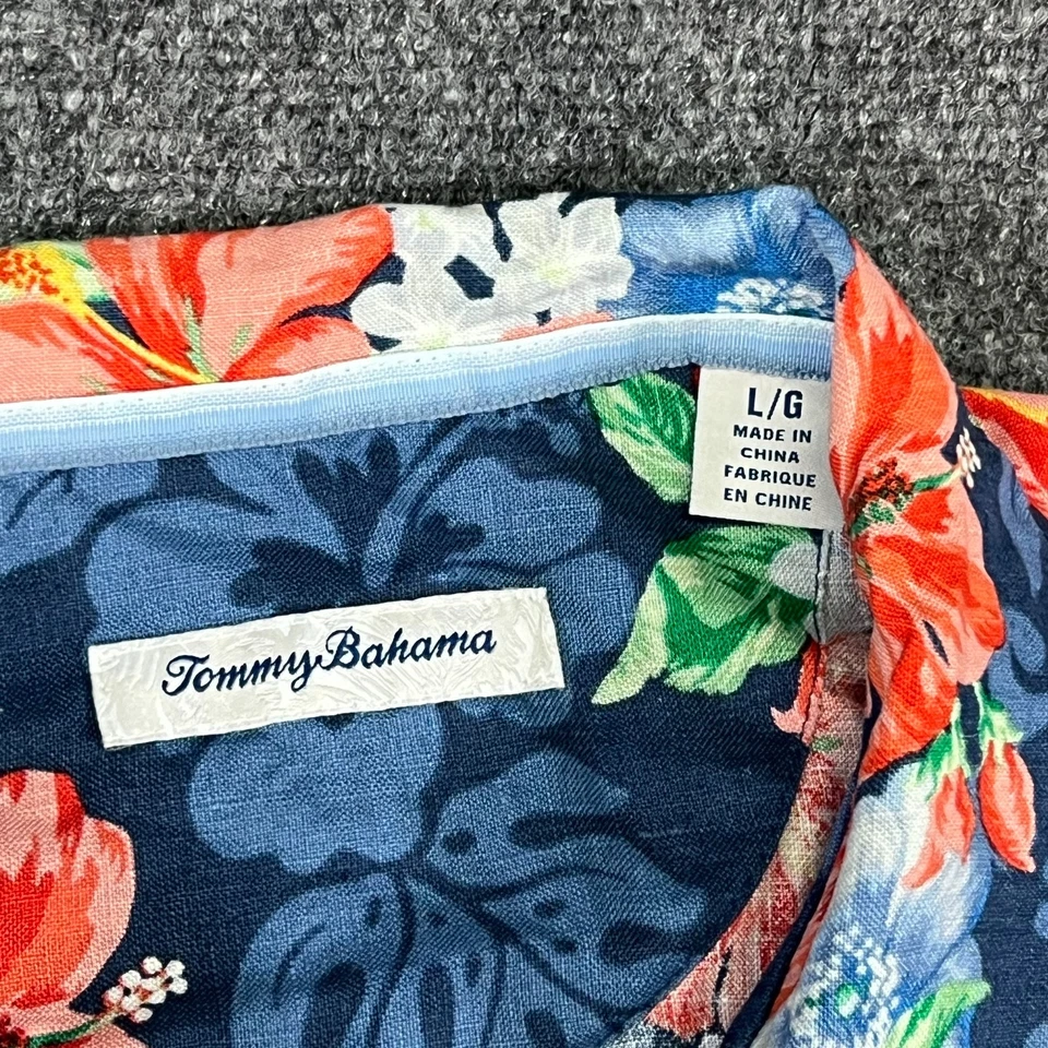 Tommy Bahama Men’s 100% Linen Hawaiian Aloha Shirt Blue Floral Short Sleeve L - Image 2 of 4