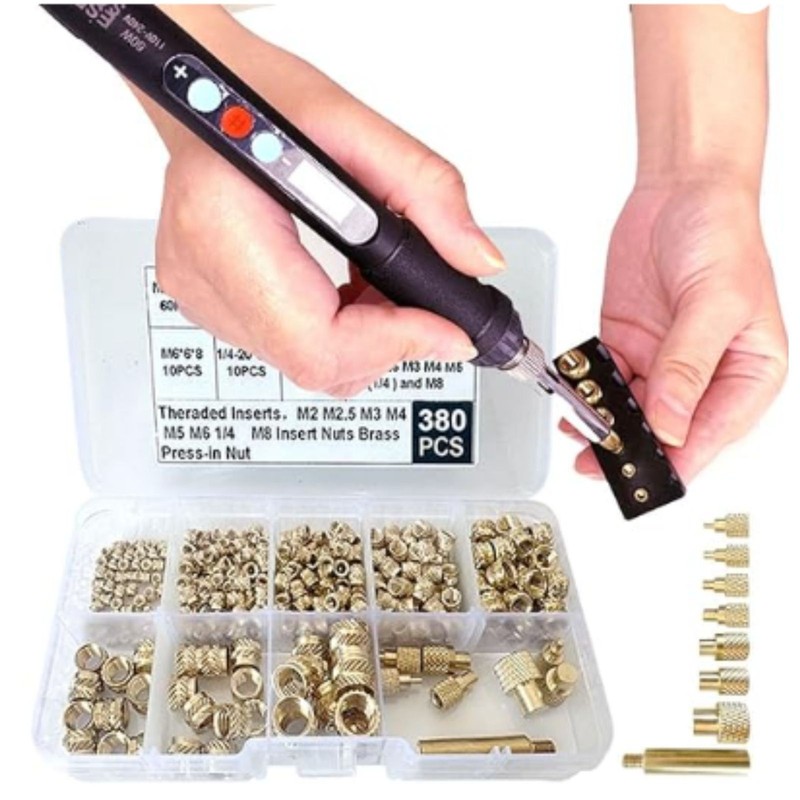 Heat Set Insert Tool Kit: 60W Digital Iron & 380-Piece Brass Threaded Nut Set